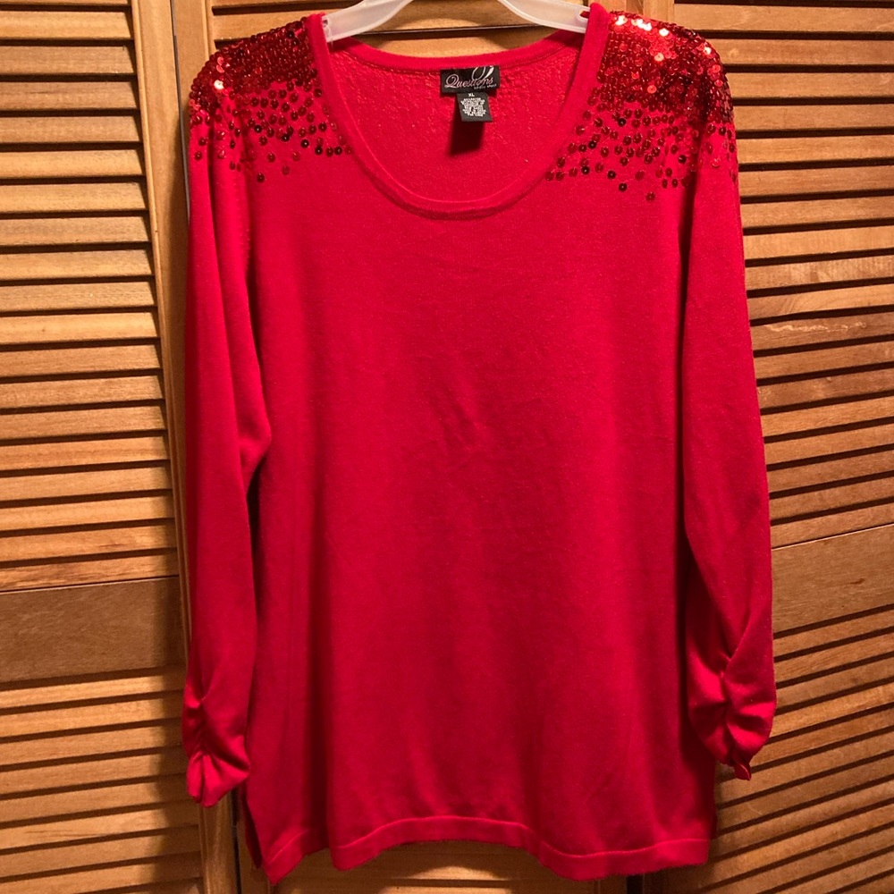 Questions by Say What? Red Tunic Sweater with Sequins Embellishments